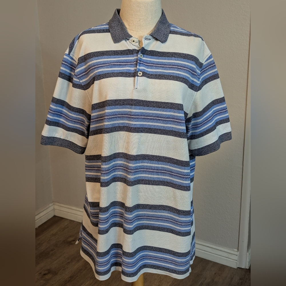 Mens Cremieux Striped Polo Shirt - Blue and White size L
